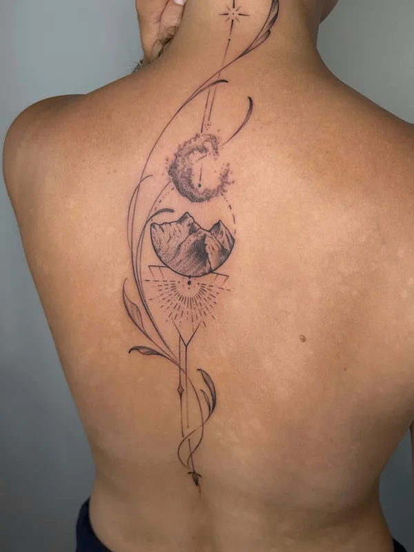 female black and grey fineline татуировка на upper back #82207 | Тату мастер Лейла Куприна
