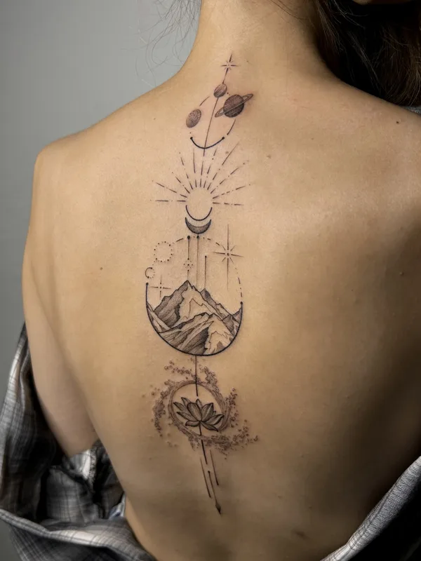 female black and grey linework татуировка на upper back #82220 | Тату мастер Лейла Куприна