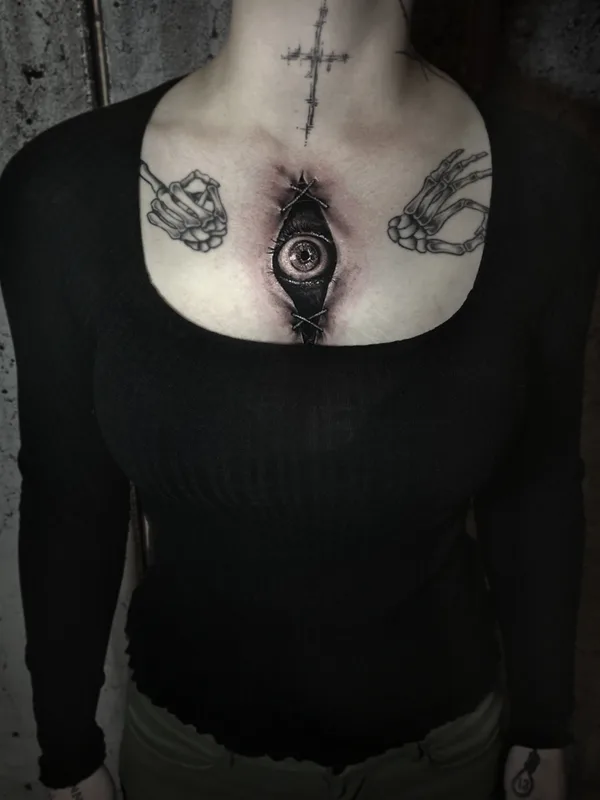female black and grey blackwork Tatuagem em chest #82465 | Tatuador Alex Morozov