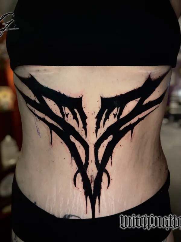 female black blackwork tattoo on stomach #82716 | Tattoo Artist Bobby Grey