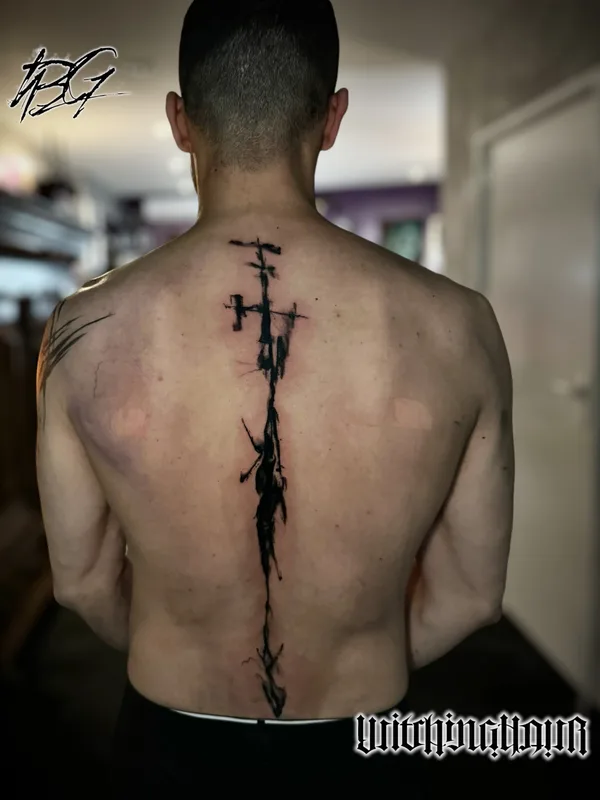 male black abstract tattoo on spine #82727 | Tattoo Artist Bobby Grey
