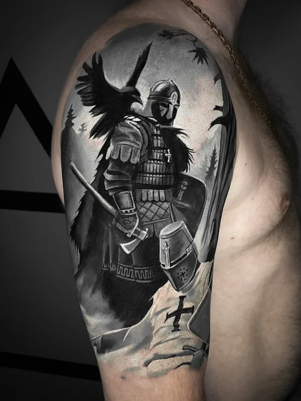 male black and grey realism tattoo auf full sleeve #82801 | Tätowierer Михаил Громовчук / Leeahim_tattoo