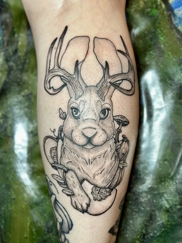 black and grey illustrative татуировка на calf #82956 | Тату мастер Nalette Rondon