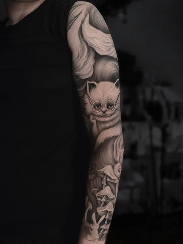 black and grey illustrative tatuaje en full sleeve #83035 | Tatuador Анастасия Шарм