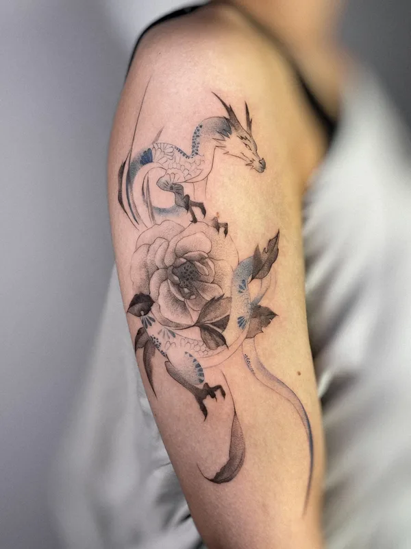 black and grey illustrative татуировка на upper arm #83093 | Тату мастер Ксения Артемова