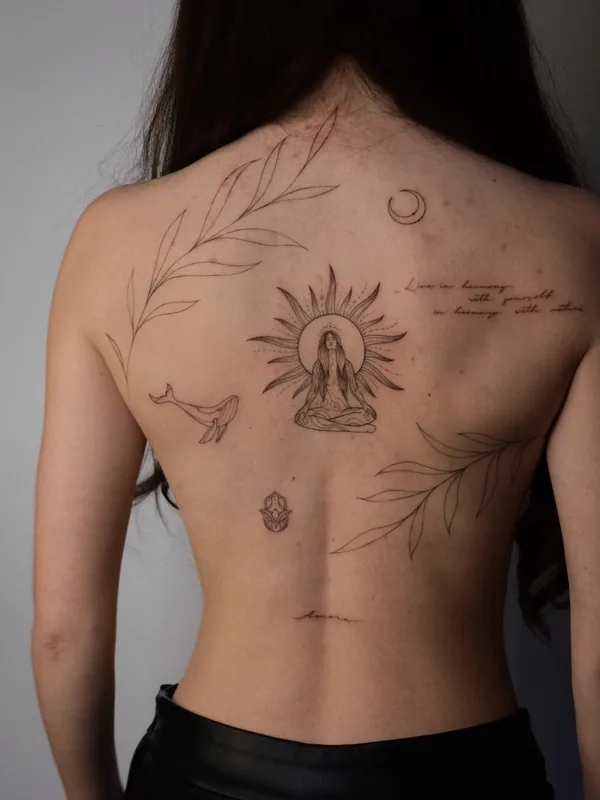 female black fineline Tatuaggio su back #83170 | Tatuatore Екатерина Максимова