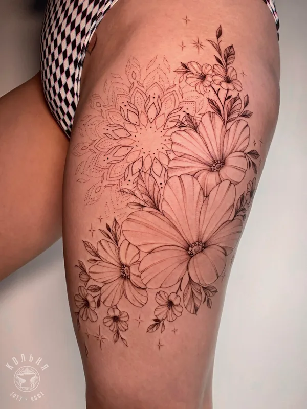 female black botaniс Tatuaggio su thigh #83174 | Tatuatore Екатерина Максимова
