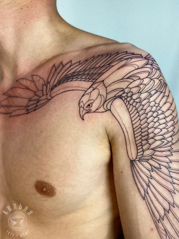 male black linework Tatuaggio su shoulder #83180 | Tatuatore Екатерина Максимова