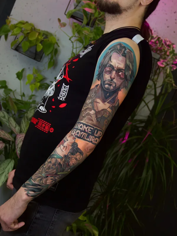 male color illustrative tattoo auf full sleeve #83273 | Tätowierer Анна Рубиросса
