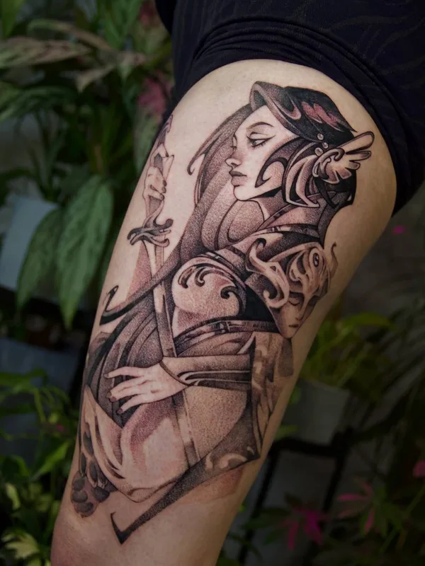 female black and grey illustrative tattoo auf thigh #83277 | Tätowierer Анна Рубиросса