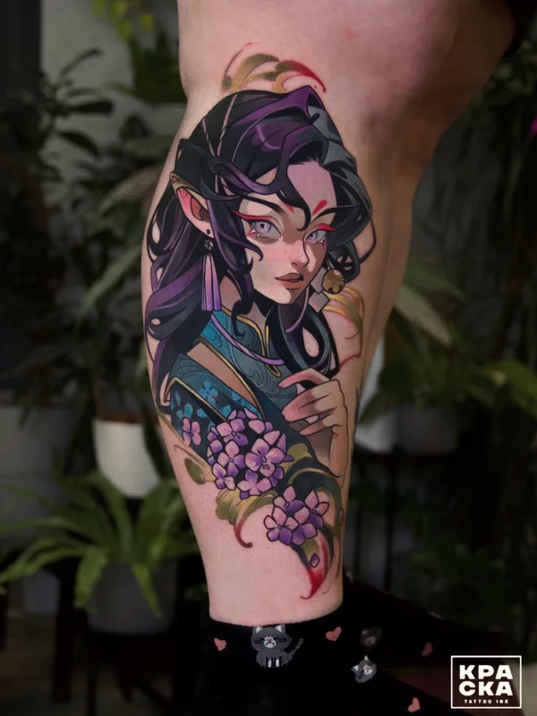 female color anime tattoo auf calf #83279 | Tätowierer Анна Рубиросса