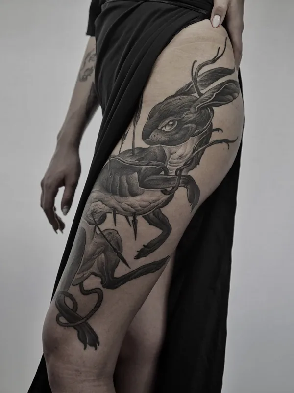 female black and grey blackwork tatuaje en thigh #83482 | Tatuador Митя Собаков