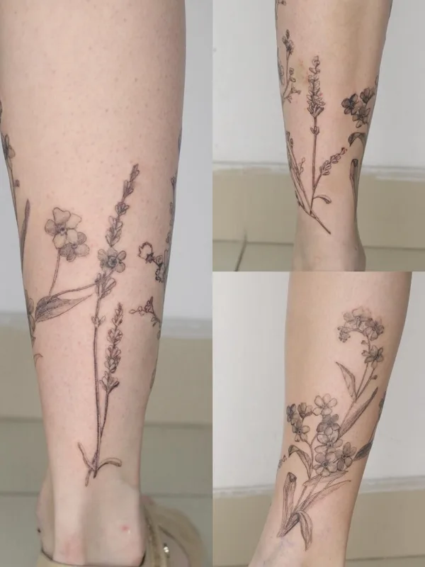 female black and grey fineline татуировка на calf #83486 | Тату мастер Анастасия Дьячкова