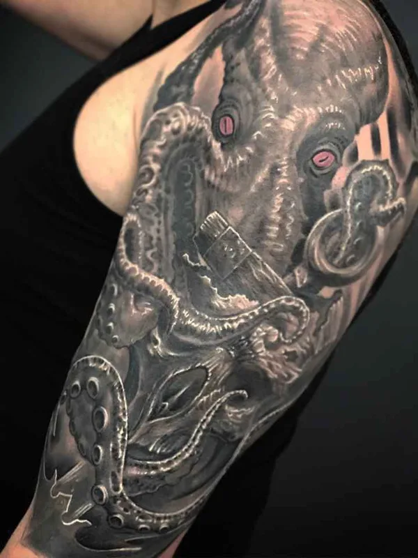 black and grey realism татуировка на full sleeve #11889 | Тату мастер Дмитрий Щелоков