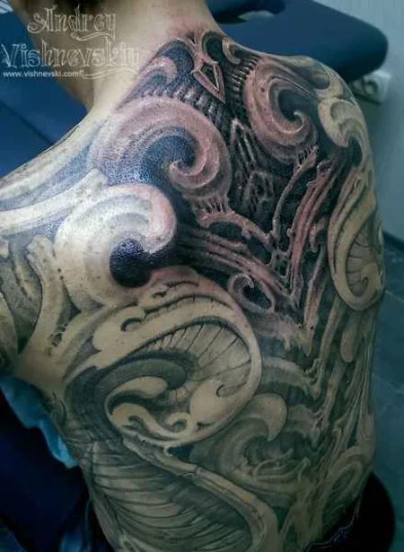 black and grey biomechanical татуировка на upper back #10808 | Тату мастер Андрей Вишневский