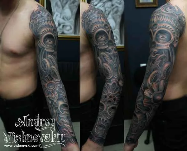 male black and grey biomechanical татуировка на full sleeve #10805 | Тату мастер Андрей Вишневский