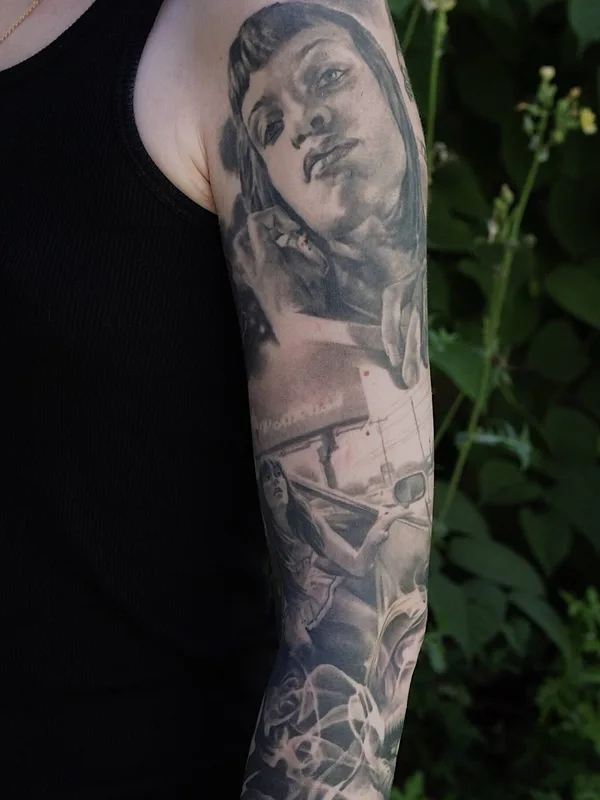female black and grey realism татуировка на full sleeve #23258 | Тату мастер Артем Марченко
