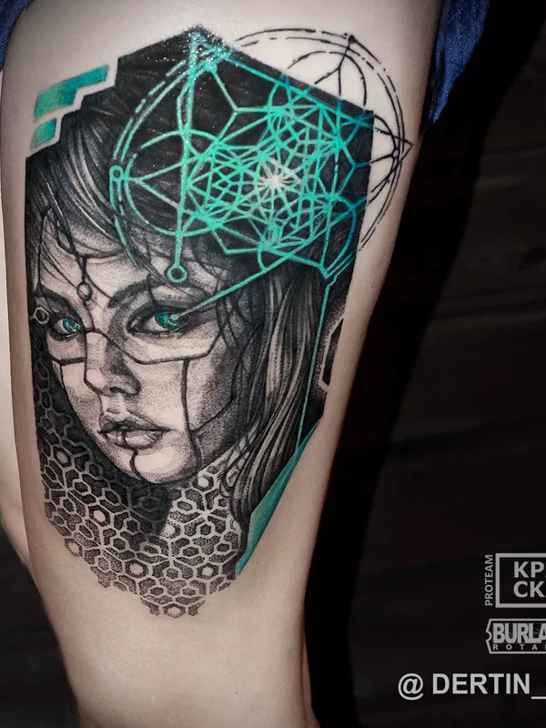 female black and grey geometric Tatuaggio su thigh #15629 | Tatuatore Дёртин Антон