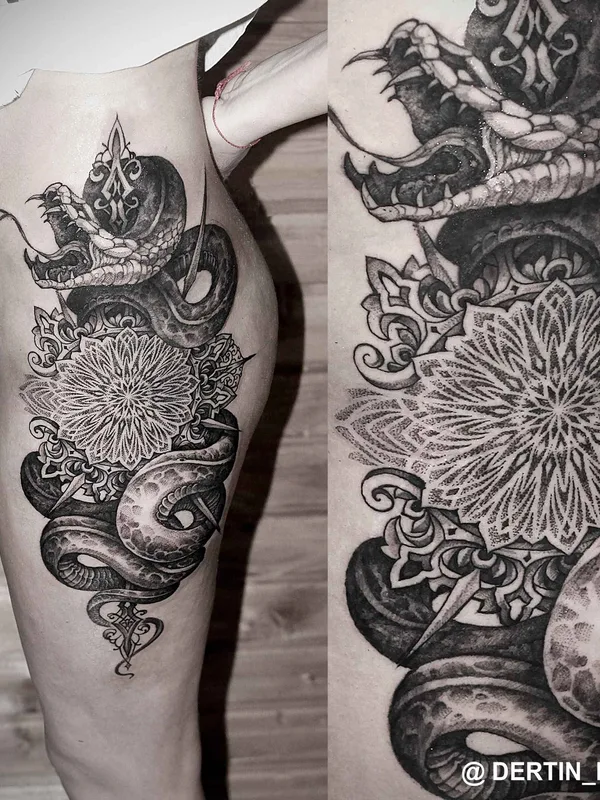 female black and grey blackwork Tatuaggio su thigh #15624 | Tatuatore Дёртин Антон