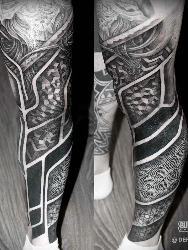 black and grey geometric Tatuaggio su full leg #15626 | Tatuatore Дёртин Антон