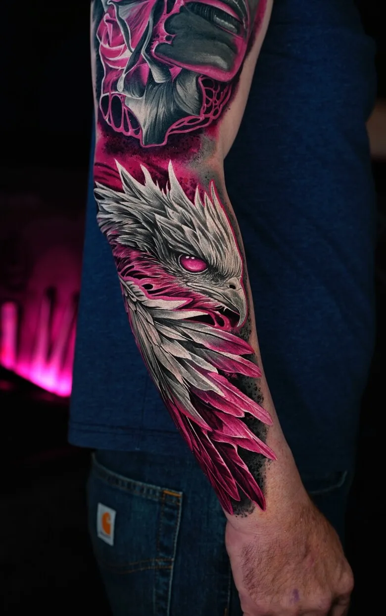 Neon pink and black and gray tattoo by Ruslan Millinhton