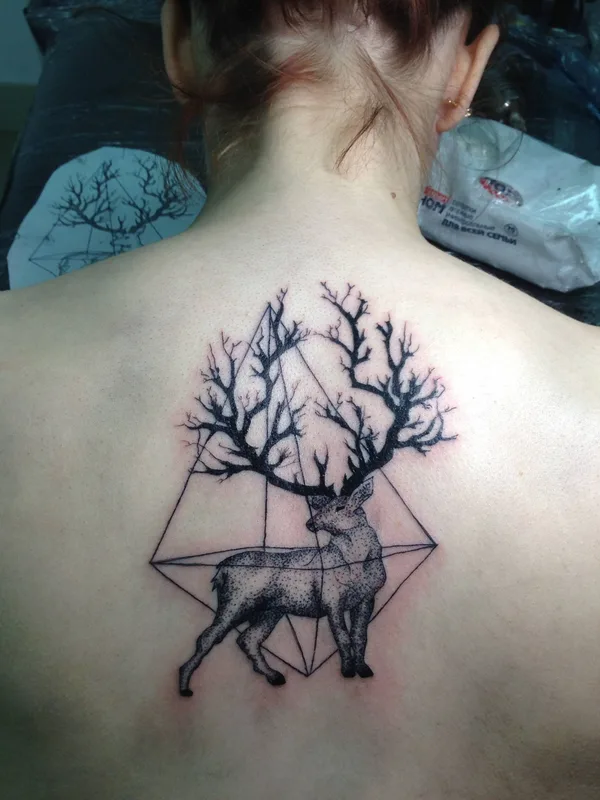 female black and grey geometric tattoo on upper back #26119 | Tattoo Artist Денис Норд
