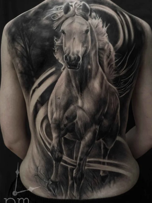 black and grey realism Tatuaggio su full back #7501 | Tatuatore Mihail & Polina