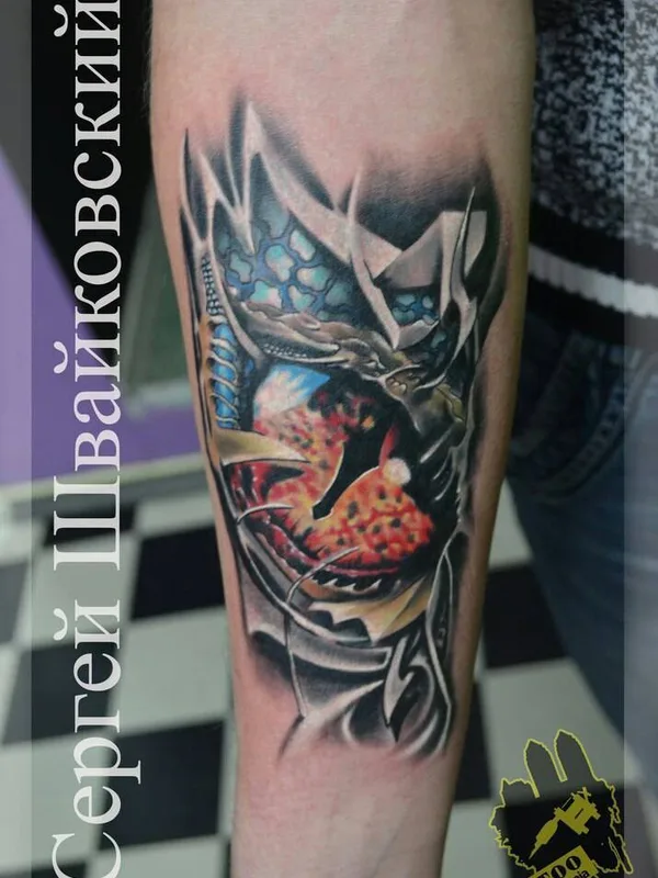 color biomechanical tattoo on forearm #24675 | Tattoo Artist Serg Shvayko