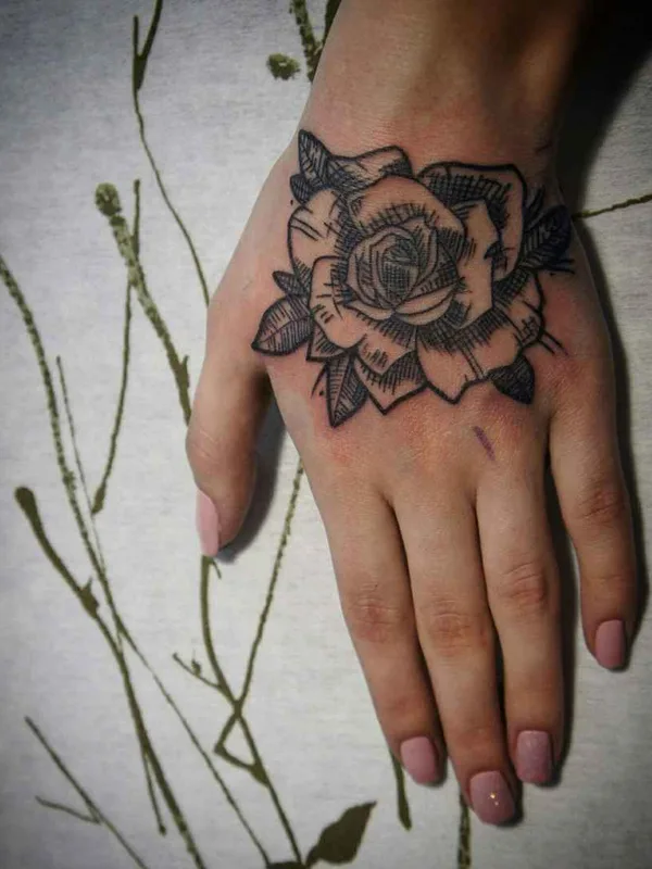 female black and grey sketch tattoo auf back of hand #20785 | Tätowierer Алексей Касаев
