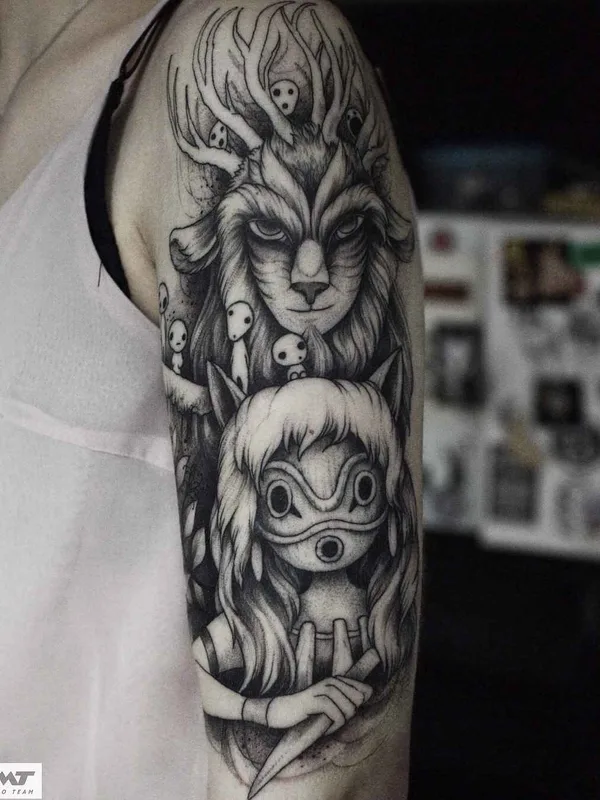 female black and grey blackwork tattoo auf full sleeve #14797 | Tätowierer Саша Катуна