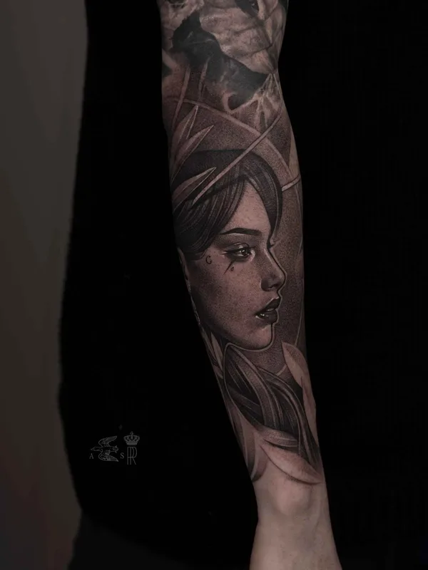 female black and grey black and grey 타투 부위 full sleeve #10105 | 타투이스트 Саша Сорса