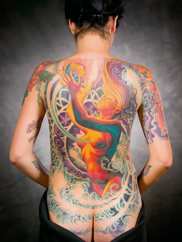 female color illustrative tattoo on full back #26496 | Tattoo Artist Adrian Lee