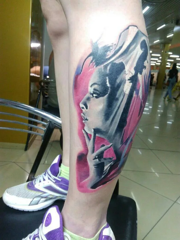 female color realism tattoo on calf #24678 | Tattoo Artist Serg Shvayko