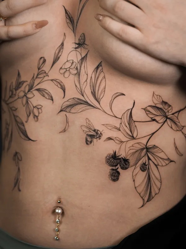 female black botaniс tattoo auf breast #84229 | Tätowierer Anna Novitskaya