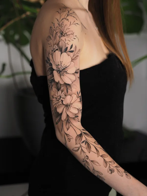 female black botaniс tattoo auf sleeve #84233 | Tätowierer Anna Novitskaya