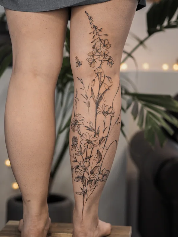female black botaniс tattoo auf leg #84232 | Tätowierer Anna Novitskaya