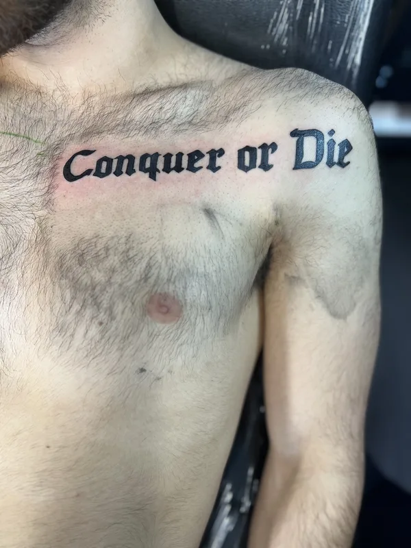male black lettering татуировка на chest #89857 | Тату мастер Daniel Goudie