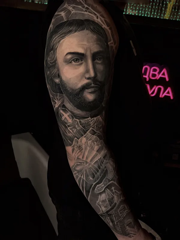 black and grey realism татуировка на full sleeve #90534 | Тату мастер Igor VLK