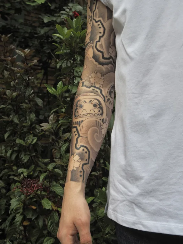 male black and grey japanese tatouage sur full sleeve #90582 | Artiste tatoueur Tais