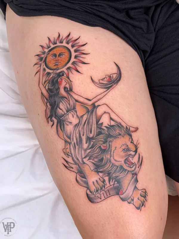 female color Traditional татуировка на thigh #85928 | Тату мастер Valera Pashkov | Cover-up Tattoo Lisbon