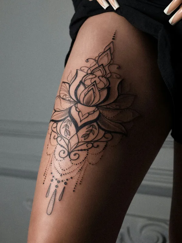 female black graphic tatuaje en leg #85796 | Tatuador Vitalina Bender