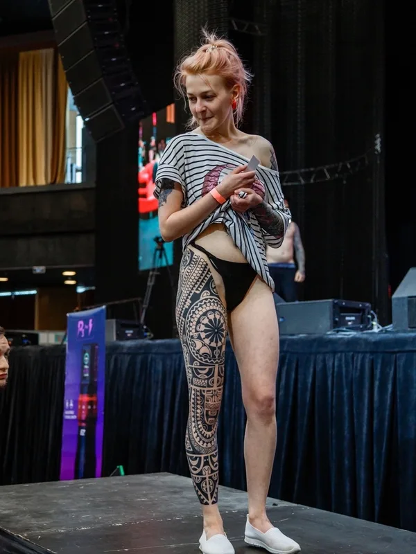 female black ornamental tattoo on leg #84107 | Tattoo Artist Александр Дворянов