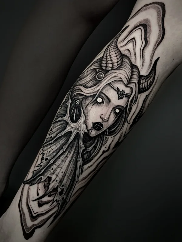 female black graphic Tatuagem em shin #87725 | Tatuador Александр Шкуратов
