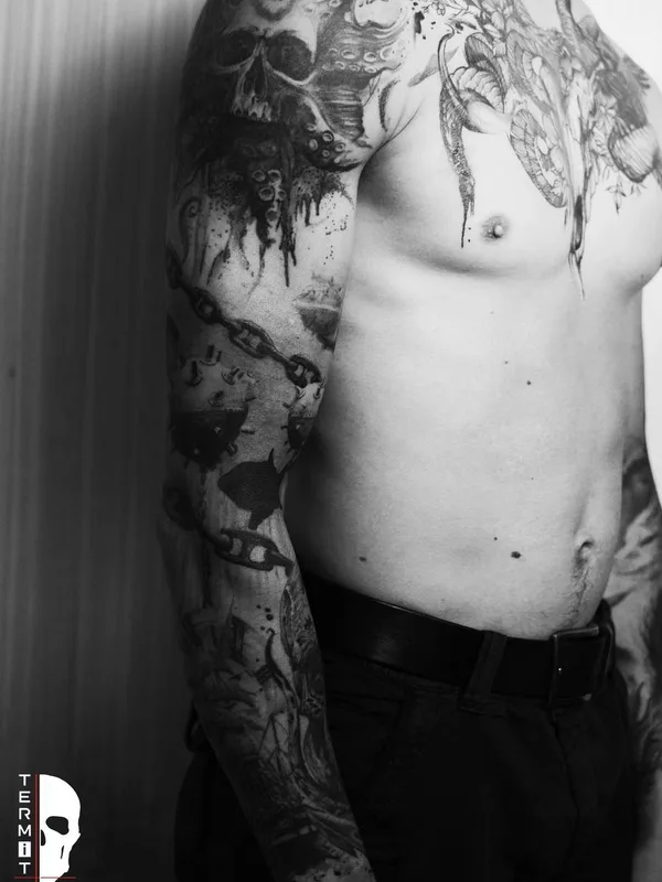 male black and grey blackwork татуировка на full sleeve #89169 | Тату мастер Андрей Жуков