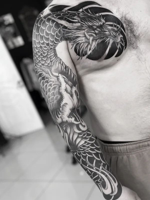 male blackandgrey japanese Tatuagem em sleeve #85379 | Tatuador Дмитрий Попов 