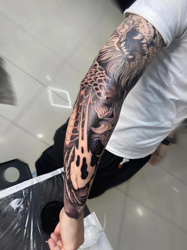 male blackandgrey japanese Tatuagem em sleeve #85380 | Tatuador Дмитрий Попов 