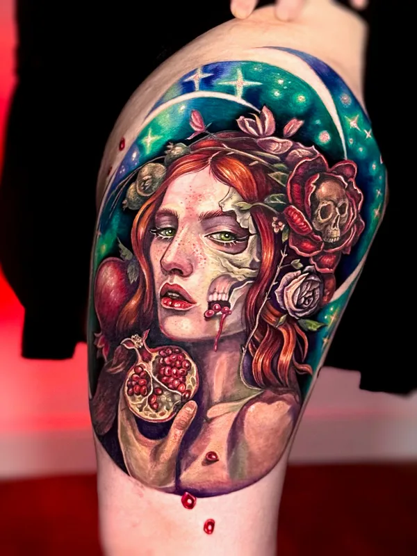 female color realism tattoo on thigh #87095 | Tattoo Artist Инна Синано