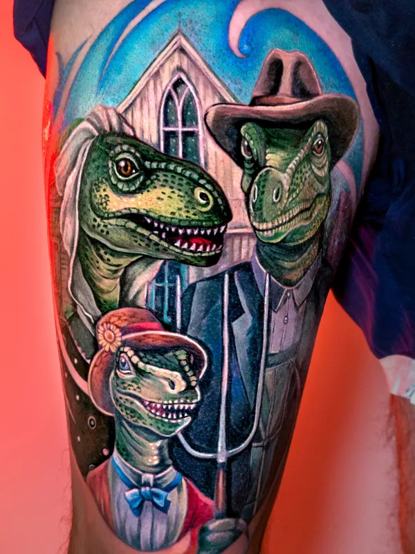 male color surrealism tattoo on thigh #87099 | Tattoo Artist Инна Синано