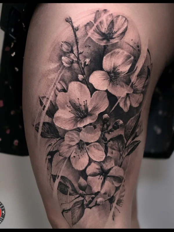 female blackandgrey realism tattoo on thigh #88616 | Tattoo Artist Михаил Строгий