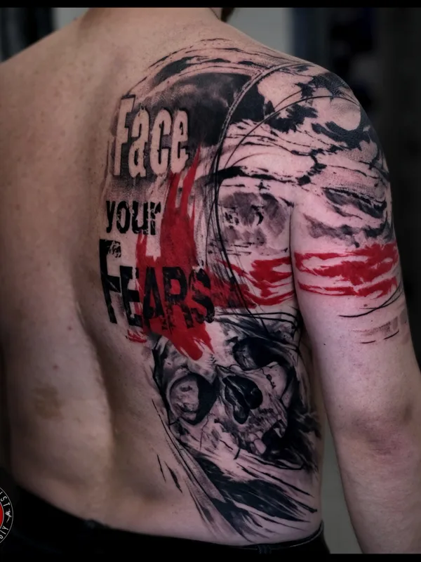 male blackandgrey trashpolka tattoo on back #88618 | Tattoo Artist Михаил Строгий